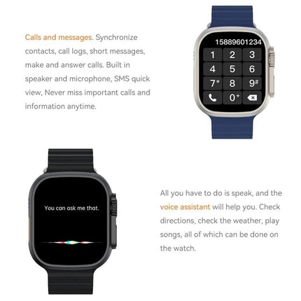 Convenient Smart Watch for Daily Health Monitoring showing call keypad and voice assistant on touchscreen with blue and black bands