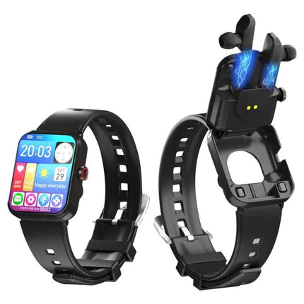 Wearable Bracelet for Daily Health and Communication Needs showing heart-rate screen and Bluetooth earbuds holder