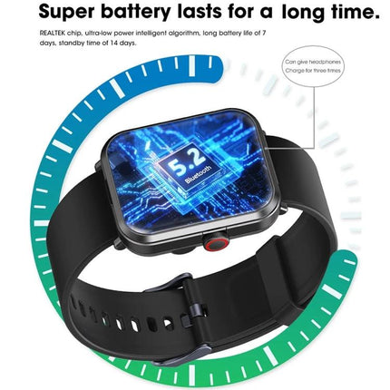 Wearable Bracelet for Daily Health and Communication Needs showing smartwatch face with Bluetooth 5.2 and long battery life graphic