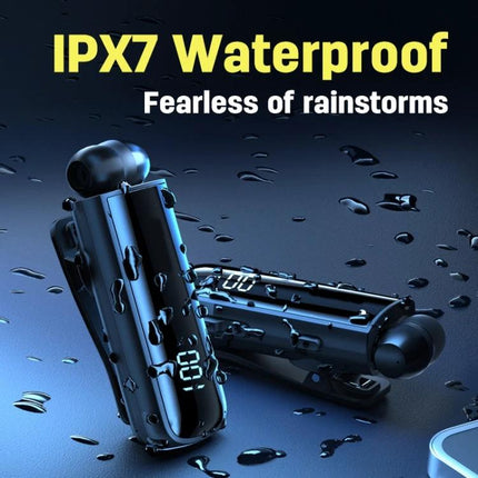 Fineblue Waterproof Bluetooth Lavalier Earpiece For Commuting shown wet with IPX7 droplets and digital display for riders