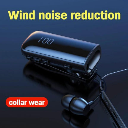Fineblue Waterproof Bluetooth Lavalier Earpiece For Commuting shown with wind-noise reduction unit and collar-wear earbuds, black, hands-free