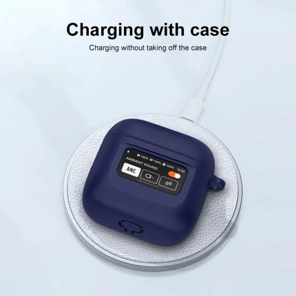 Silicone Protective Case for JBL Earphones in Daily Use - navy silicone case charging on wireless pad, charging port reserved