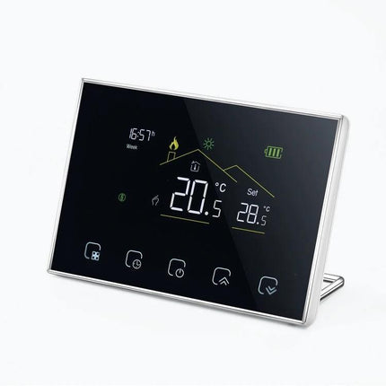GBCW Wireless Smart LED Thermostat for Home Heating Systems sleek black LED touchscreen display showing temperature and icons