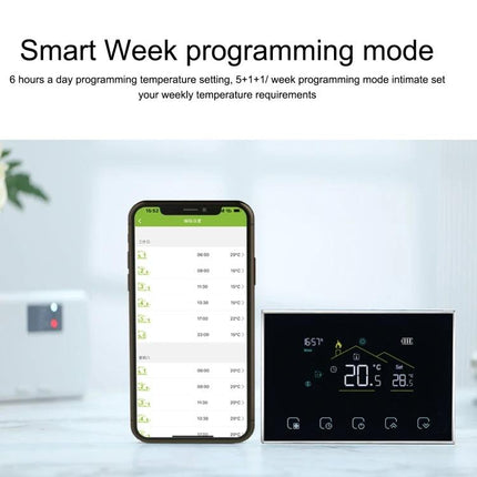GBCW Wireless Smart LED Thermostat for Home Heating Systems showing LED display and smartphone app with weekly programming