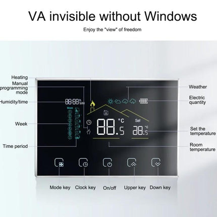 GBCW Wireless Smart LED Thermostat for Home Heating Systems showing LED display with touch keys and labeled functions