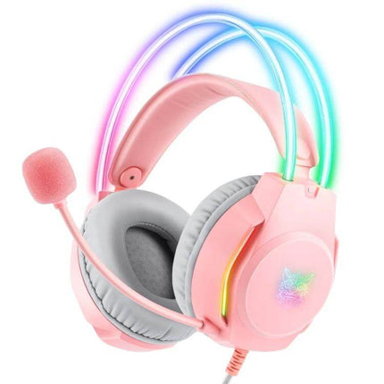 Wired RGB Gaming Headset With Breathable Ear Cushions pink headset with RGB lights, mic and 2m cable, breathable gray cushions