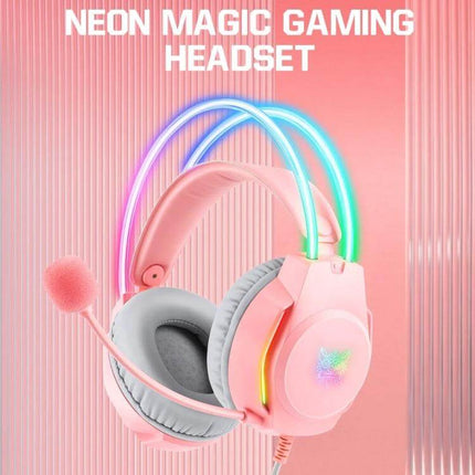 Wired RGB Gaming Headset With Breathable Ear Cushions pink neon gaming headset with microphone and 2m cable, breathable cushions