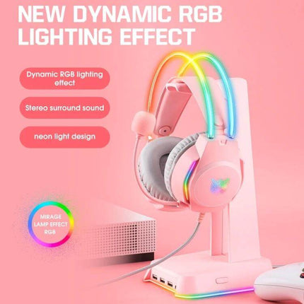 Wired RGB Gaming Headset With Breathable Ear Cushions showing pink headset with RGB lighting and breathable ear cushions