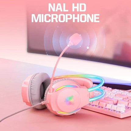 Wired RGB Gaming Headset With Breathable Ear Cushions pink wired headset with RGB lights, breathable ear cushions and flexible mic