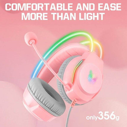 Wired RGB Gaming Headset With Breathable Ear Cushions in pink with mic, RGB lights, breathable grey ear cushions and 2m cable