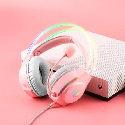 Wired RGB Gaming Headset With Breathable Ear Cushions in pink with RGB lights, breathable ear cushions and 2m cable