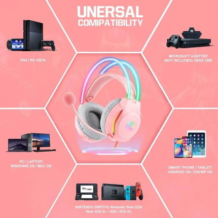 Wired RGB Gaming Headset With Breathable Ear Cushions showing pink RGB earcups, mic, 2m cable and universal compatibility