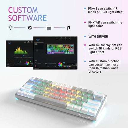 AULA Ergonomic 61-Key Wired RGB Mechanical Keyboard for Gaming with white compact layout and customizable RGB lighting software
