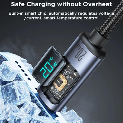 Joyroom Cable for Daily Phone Charging and Syncing showing PD 20W display and built-in smart chip for safe charging