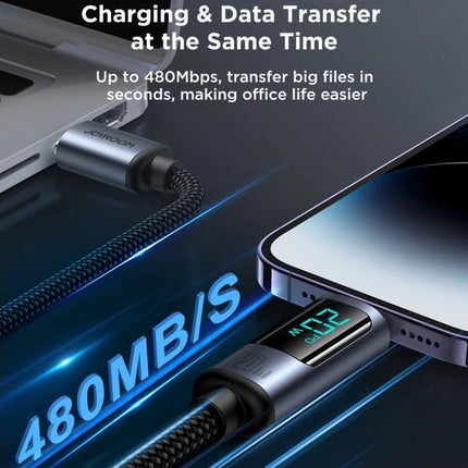 Joyroom Cable for Daily Phone Charging and Syncing braided USB charging and data cable showing 480MB/s transfer and LED power display