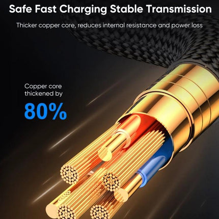 Joyroom Cable for Daily Phone Charging and Syncing showing braided cable and thickened copper core for fast charging and stable data transmission