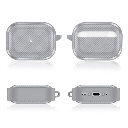 Protective Carbon Fiber Earphone Case for Daily Commutes shown in silver textured finish with multiple-angle views