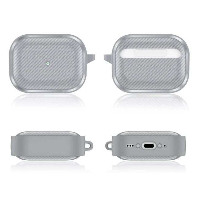 Protective Carbon Fiber Earphone Case for Daily Commutes shown in silver textured finish with multiple-angle views