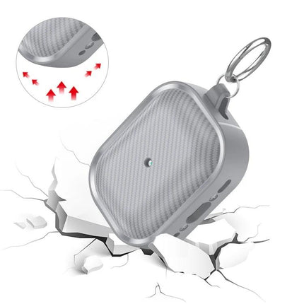 Protective Carbon Fiber Earphone Case for Daily Commutes shown in silver with keyring, carbon-fiber texture protecting wireless earphones from scratches and drops