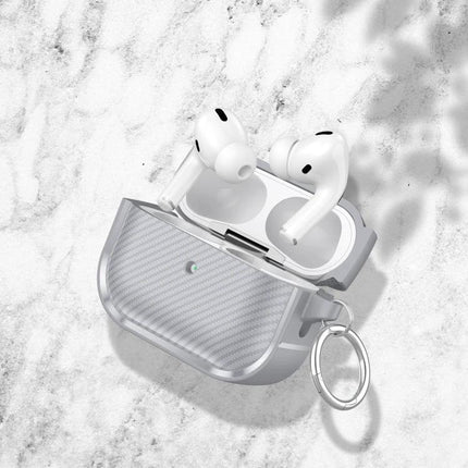 Protective Carbon Fiber Earphone Case for Daily Commutes shown open with white wireless earphones on a marble surface