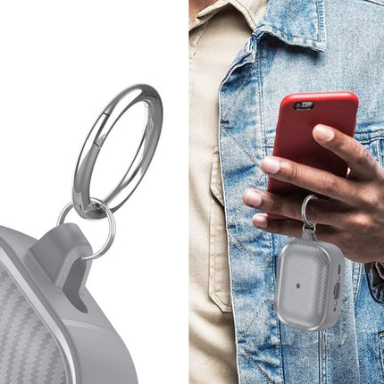 Protective Carbon Fiber Earphone Case for Daily Commutes hanging from jacket keyring, protects wireless earphones from scratches and dust