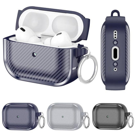 Protective Carbon Fiber Earphone Case for Daily Commutes - navy carbon fiber protective case with keyring for wireless earphones