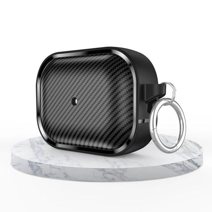 Protective Carbon Fiber Earphone Case for Daily Commutes shown in black carbon fiber finish with keyring for on-the-go protection