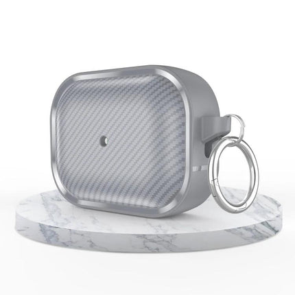 Protective Carbon Fiber Earphone Case for Daily Commutes in gray with keyring, durable scratch-resistant design
