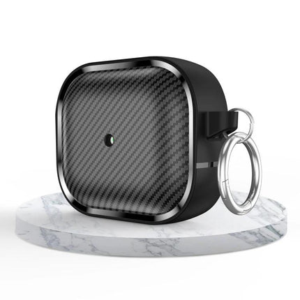 Protective Carbon Fiber Earphone Case for Daily Commutes showing compact carbon-fiber textured charging case with keyring