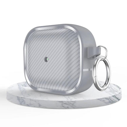 Protective Carbon Fiber Earphone Case for Daily Commutes in silver with keyring, durable scratch‑resistant protective travel case