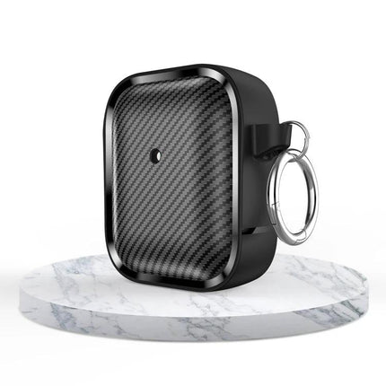 Protective Carbon Fiber Earphone Case for Daily Commutes shown in black with keyring, carbon-fiber texture protecting wireless earphones