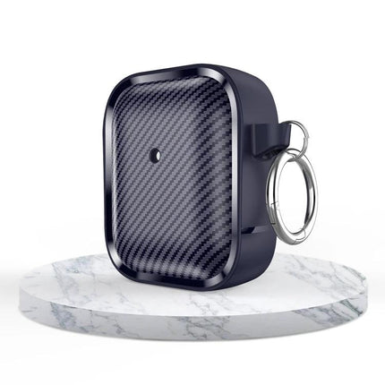 Protective Carbon Fiber Earphone Case for Daily Commutes in black with keyring, carbon-fiber texture, durable protective shell