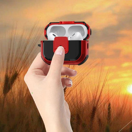Essential Protective Case for AirPods Pro in Daily Life - red rugged case held outdoors protecting earbuds from drops and dust, easy access for charging