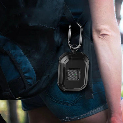 Essential Protective Case for Earphones in Everyday Scenarios hanging from backpack with carabiner, durable TPU PC shell protecting against dust scratches and impacts