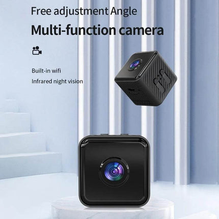 X2 Smart HD Mini WiFi Camera with Night Vision for Home Monitoring showing compact black cube camera with night-vision lens and WiFi feature
