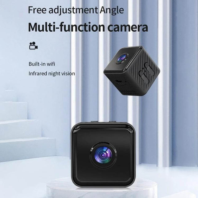 X2 Smart HD Mini WiFi Camera with Night Vision for Home Monitoring showing compact black cube camera with night-vision lens and WiFi feature