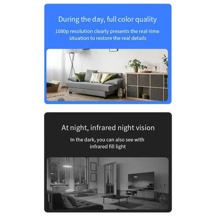 X2 Smart HD Mini WiFi Camera with Night Vision for Home Monitoring showing daytime full-color and infrared night vision comparison