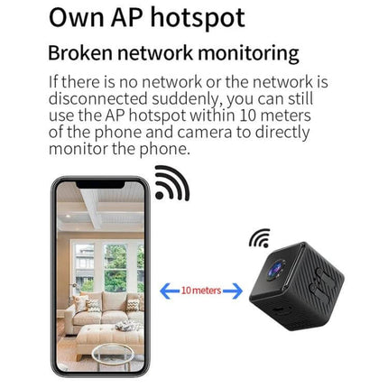 X2 Smart HD Mini WiFi Camera with Night Vision for Home Monitoring showing AP hotspot mode and 10m direct phone connection