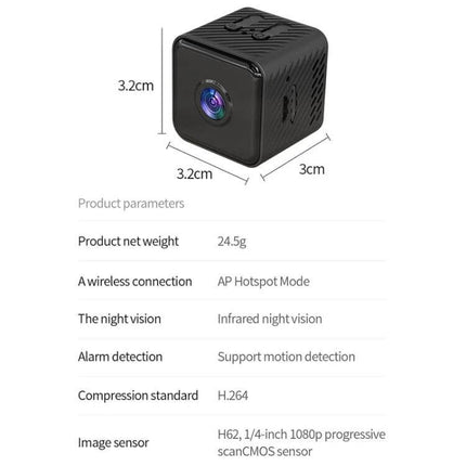 X2 Smart HD Mini WiFi Camera with Night Vision for Home Monitoring compact cube camera showing dimensions, night vision, motion detection specs