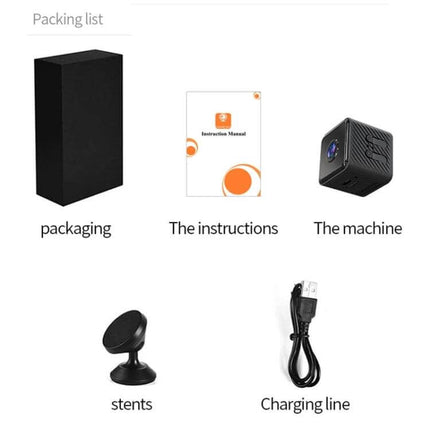 X2 Smart HD Mini WiFi Camera with Night Vision for Home Monitoring - product box, manual, camera, magnetic mount and USB charging cable