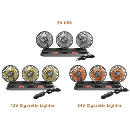 Car Three-Head Fan, 360-Degree Rotating For On-The-Go Cooling - triple-head portable car fan with USB and 12V/24V cigarette lighter options