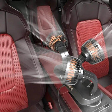 Car Three-Head Fan, 360-Degree Rotating For On-The-Go Cooling - portable three-head car fan mounted between seats directing adjustable airflow