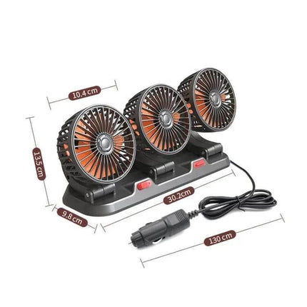 Car Three-Head Fan, 360-Degree Rotating For On-The-Go Cooling - triple desktop car fan with 3 adjustable heads, 130cm power cord, compact 30.2cm base