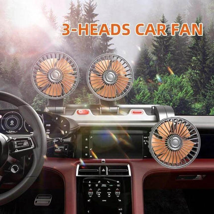Car Three-Head Fan, 360-Degree Rotating For On-The-Go Cooling showing three adjustable fans mounted on a car dashboard for portable cabin airflow