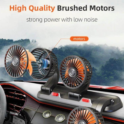 Car Three-Head Fan, 360-Degree Rotating For On-The-Go Cooling mounted on car dash showing three adjustable brushed-motor fan heads for portable cabin airflow