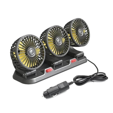 Car Three-Head Fan, 360-Degree Rotating For On-The-Go Cooling - triple adjustable heads on a 12V plug-in base for portable in-car airflow