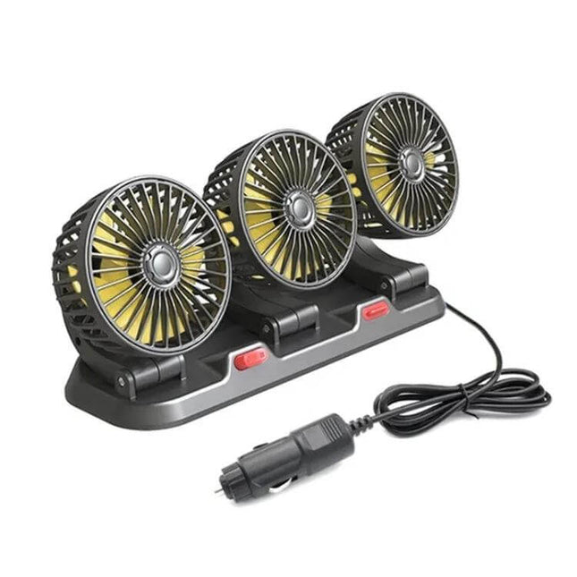 Car Three-Head Fan, 360-Degree Rotating For On-The-Go Cooling - triple adjustable heads on a 12V plug-in base for portable in-car airflow