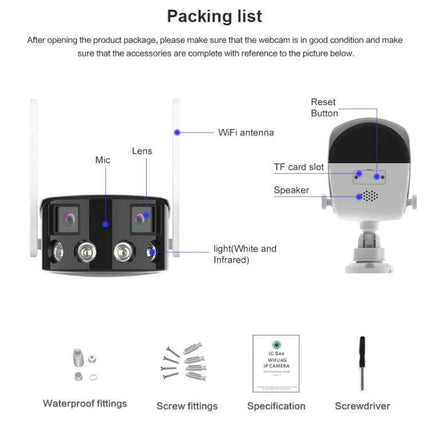 AI Security Camera for Home Monitoring with Wide-Angle View dual 2MP lenses, 180° wide-angle, WiFi antenna, TF card slot, two-way audio, packing list