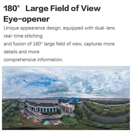 AI Security Camera for Home Monitoring with Wide-Angle View showing 180° dual-lens panoramic image of a building and surroundings