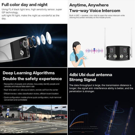 AI Security Camera for Home Monitoring with Wide-Angle View showing dual 2MP lenses, two-way audio, night color, and wide 180° coverage